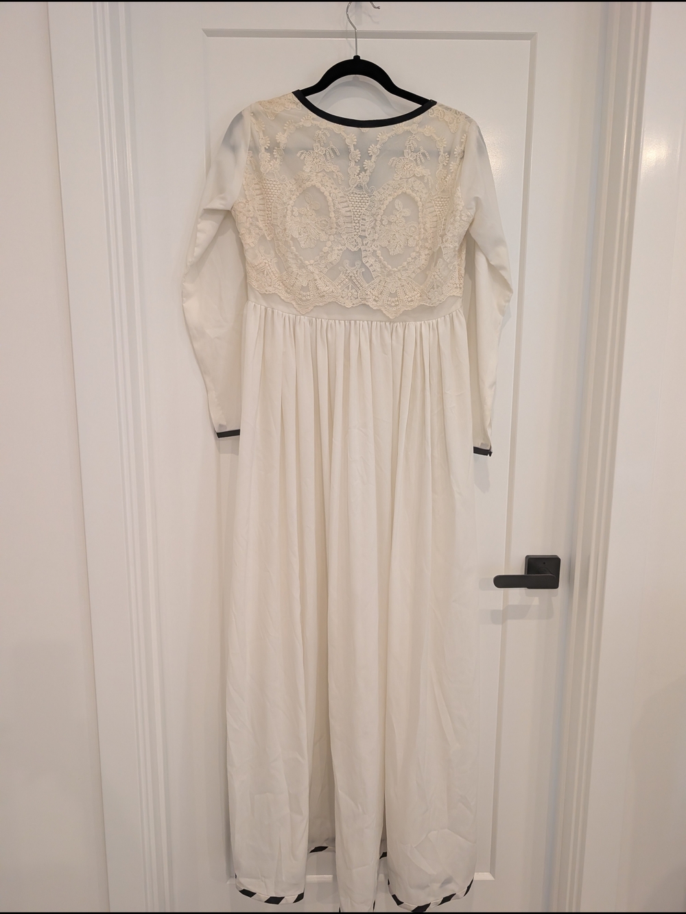 Ivory White Long Sleeve Embroidered Maxi Dress with Black Trim XS - Picture 5 of 12